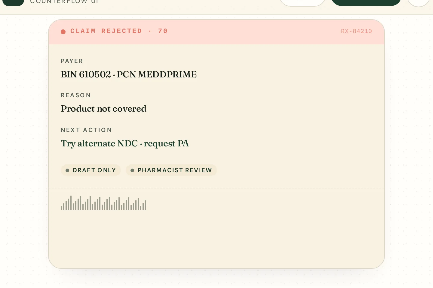 Claim rejection slip with payer reject code and next action