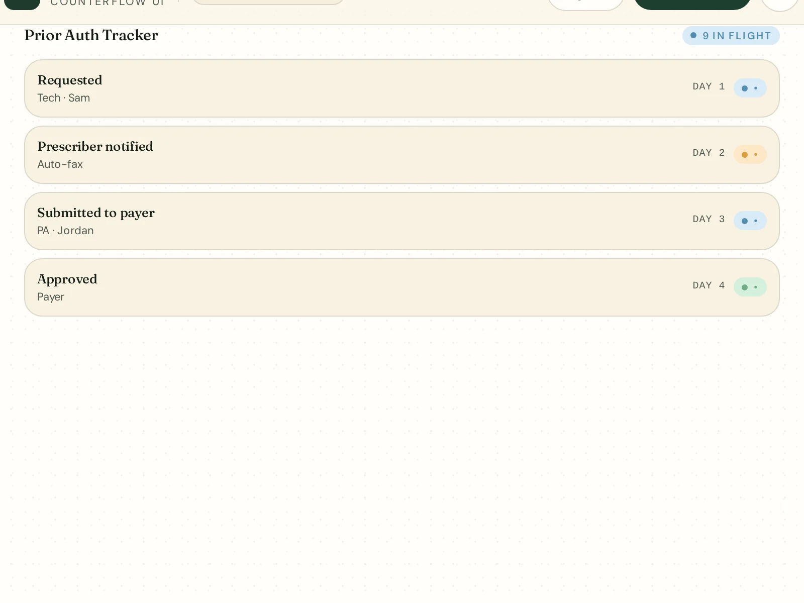 Prior Auth Tracker module — status, owner, and SLA timers