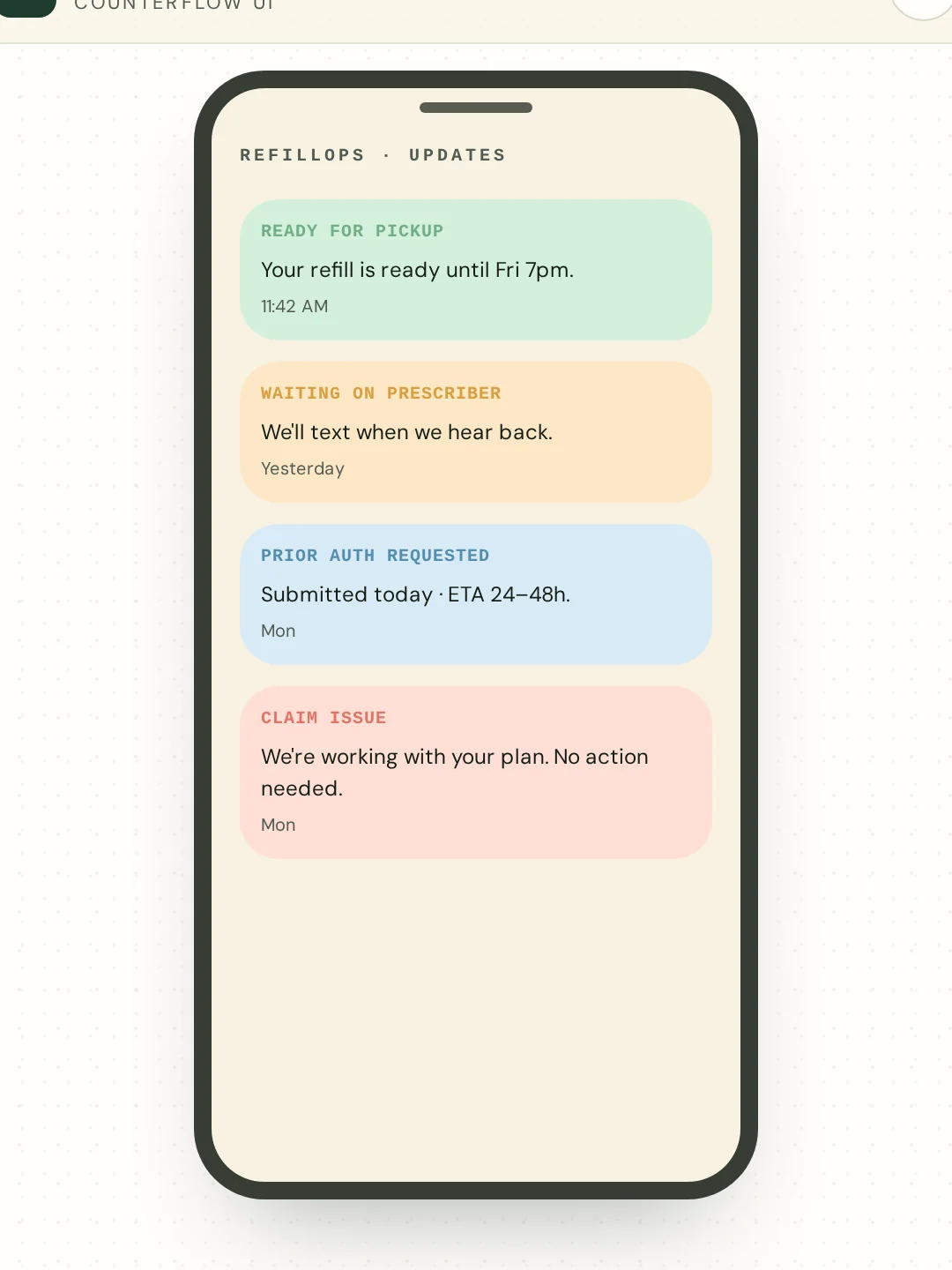 Patient update on phone — pickup, prescriber wait, prior auth status